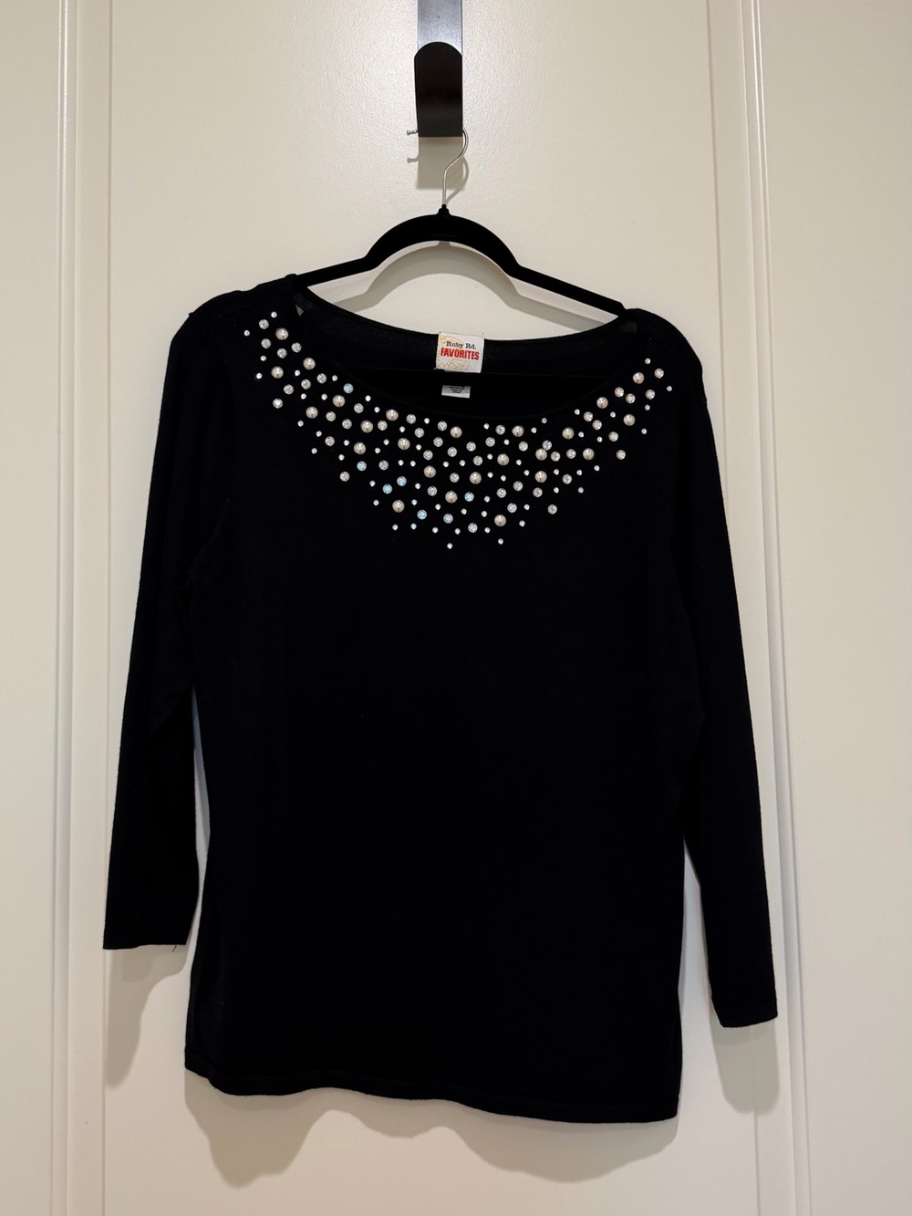 Ruby Rd. Black Long Sleeve Top with Crystal Stud Yoke